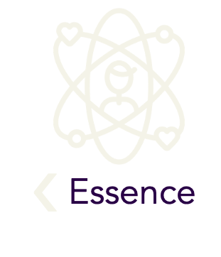 A line drawing of an atom with heart-shaped electrons surrounding a central nucleus, with the word "Essence" underneath.